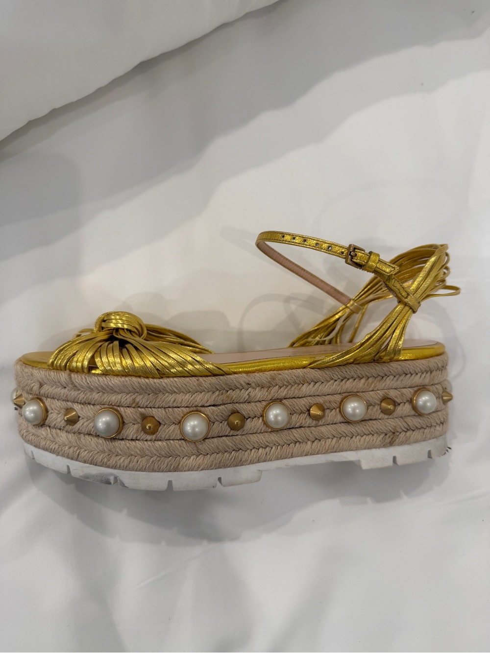 Gucci Metallic Gold Braided Platform Espadrille Sandals with Pearls